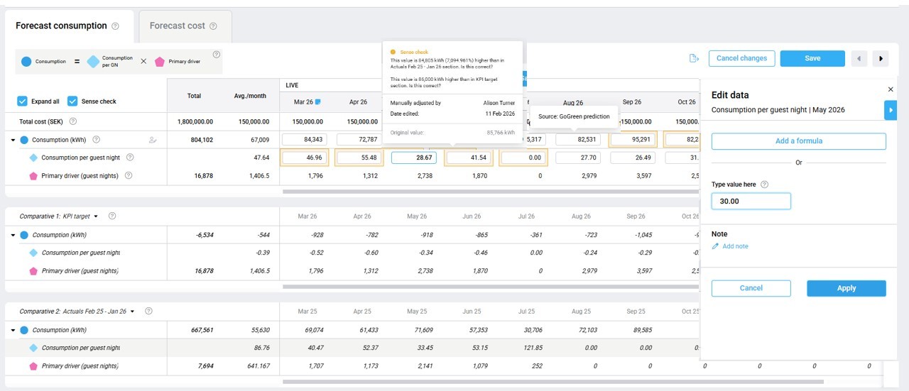 Data table with edit panel and manual changes on a cell Image showing data table with an edit panel open on the right and a tooltip showing that a cell has been edited