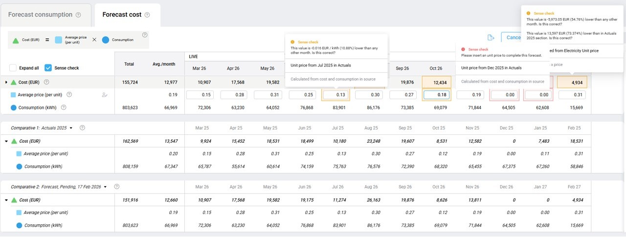 Sense check alerts and highlights in a NextGen data table Data table with sense check enabled and sense check alerts showing on some cells