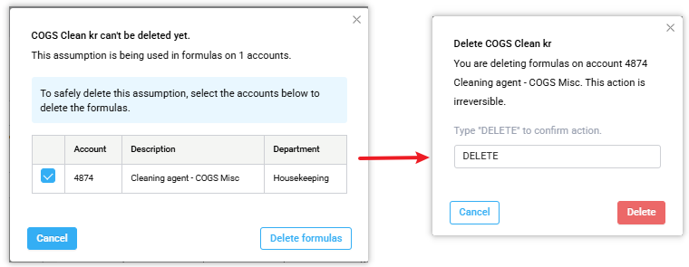 Cannot delete dialog showing accounts that use an assumption.