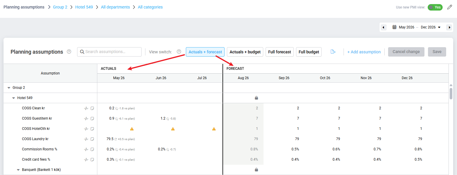 View selection with Actuals plus Forecast selected.