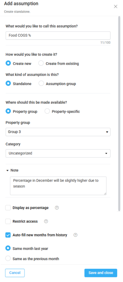 Available options for creating an assumption.