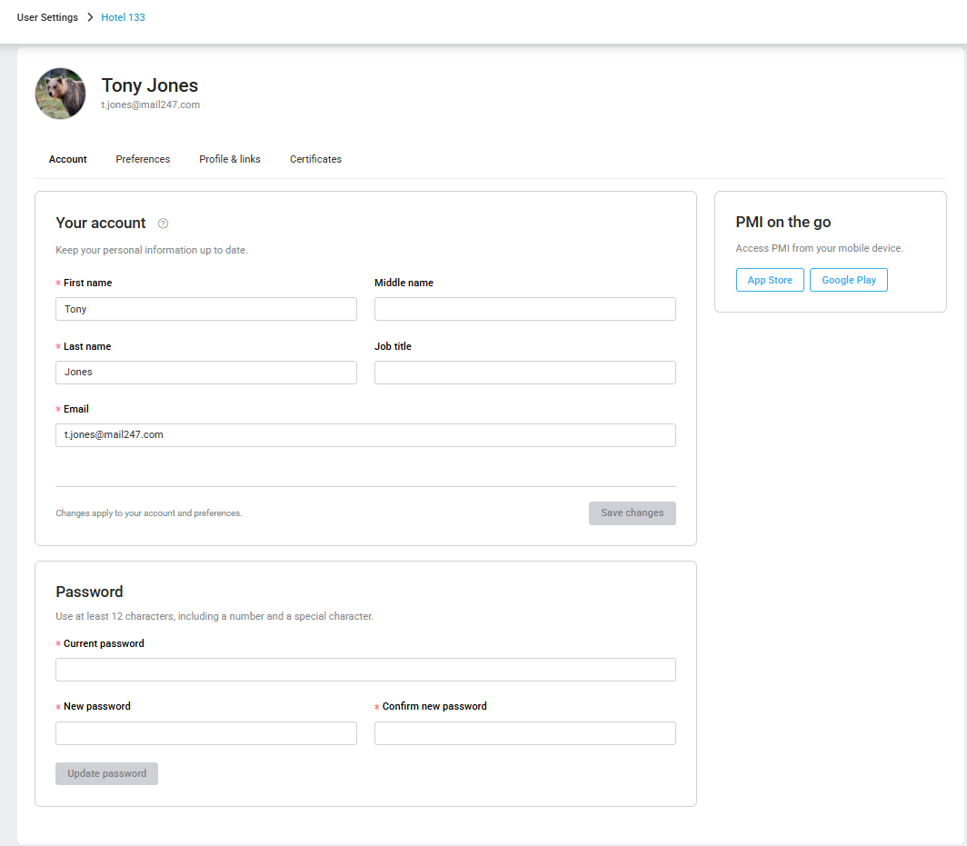 Account details and login information in User settings.